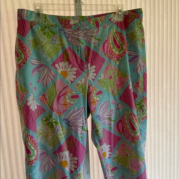 Lilly Pulitzer Pants - Vintage LILLY PULITZER Pink Blue Floral Cotton Ankle Pants  Size 12 EUC